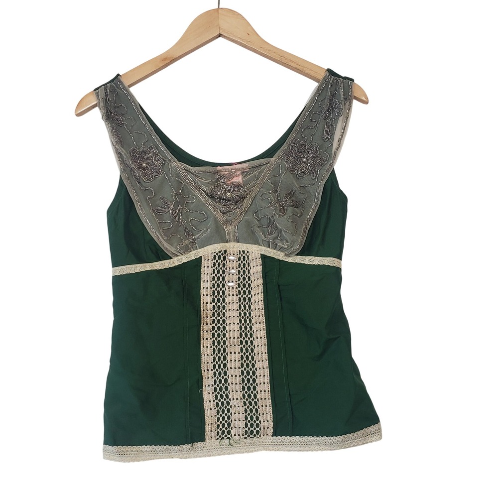 Lu Lu Lame Silk Beaded Tank Top Womens Small Green Boho Whimsigoth Embroidered